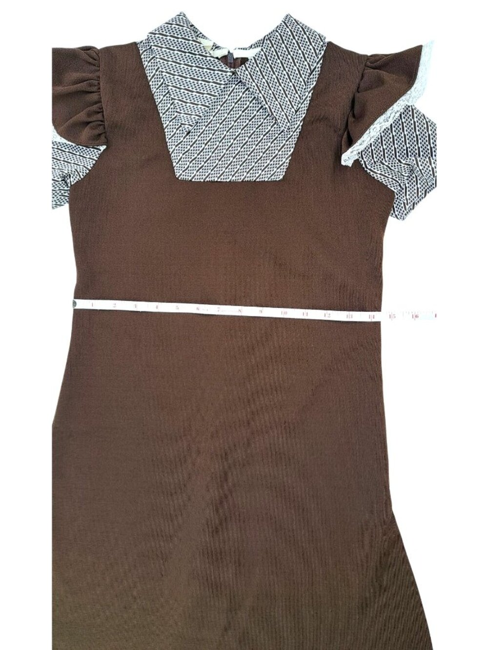 Vintage Girl Dress Polyester Brown Size 12 Lace Trimmed Sleeves Geometric Collar - Picture 10 of 10